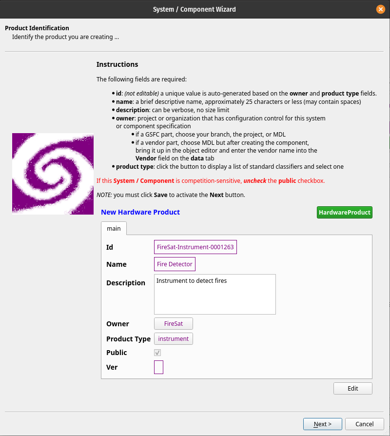 System/Component Wizard (First Page Filled Out)