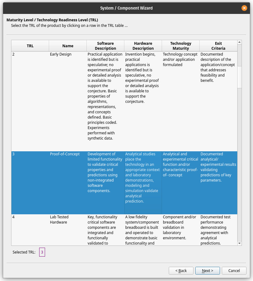 System/Component Wizard (Page 2 TRL Selected)
